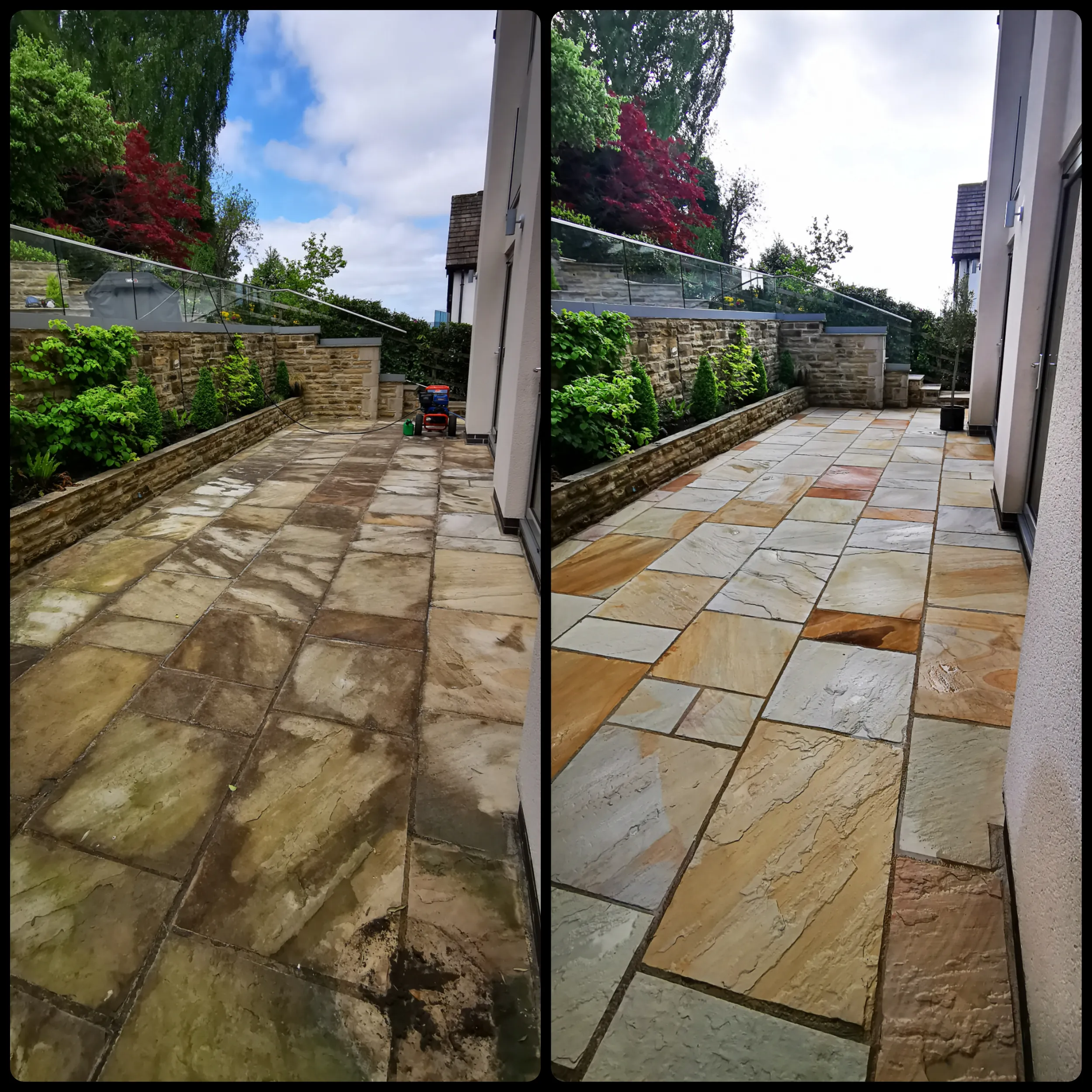 Indian stone patio pressure washing before and after